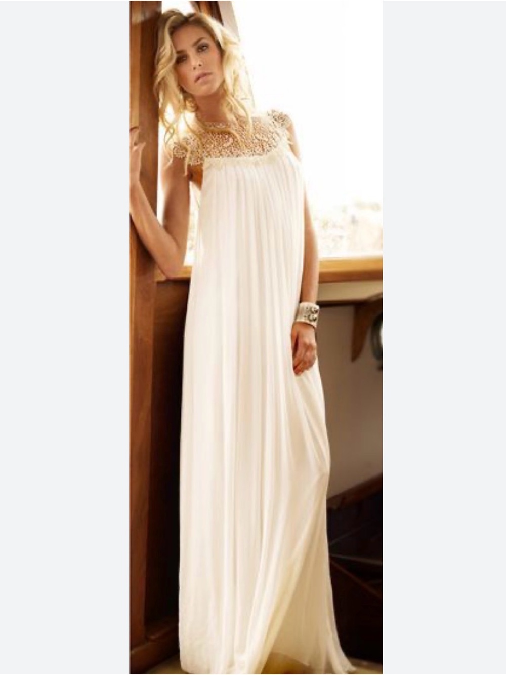 Rare Free People Khloe Fiji Ivory Lace Yoke Silk Maxi Dress